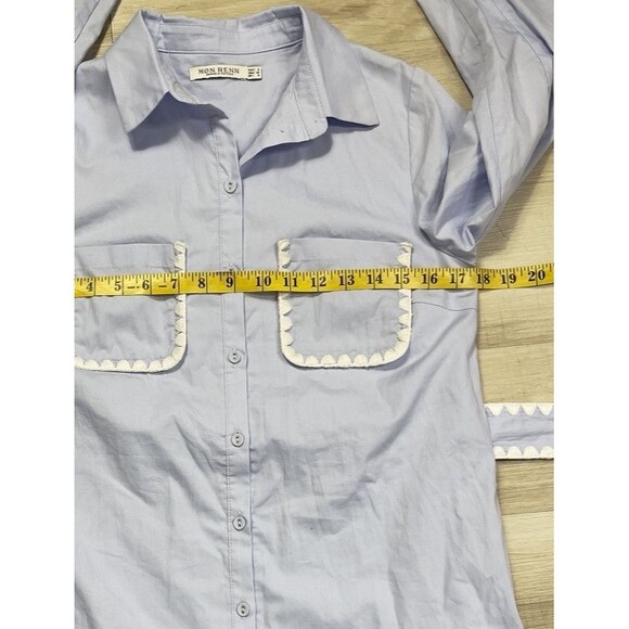 Mon Renn Heron Blue and Ivory Lisle Shirt Mini Spring Dress. Size: XS - Picture 4 of 8